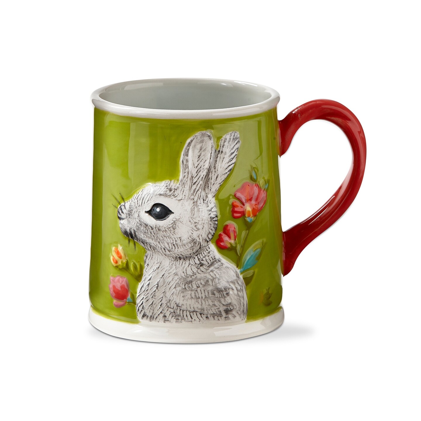 White Easter Bunny Rabbit on Green Background Stoneware Coffee Tea Hot Coco Mug Gift, 21 oz