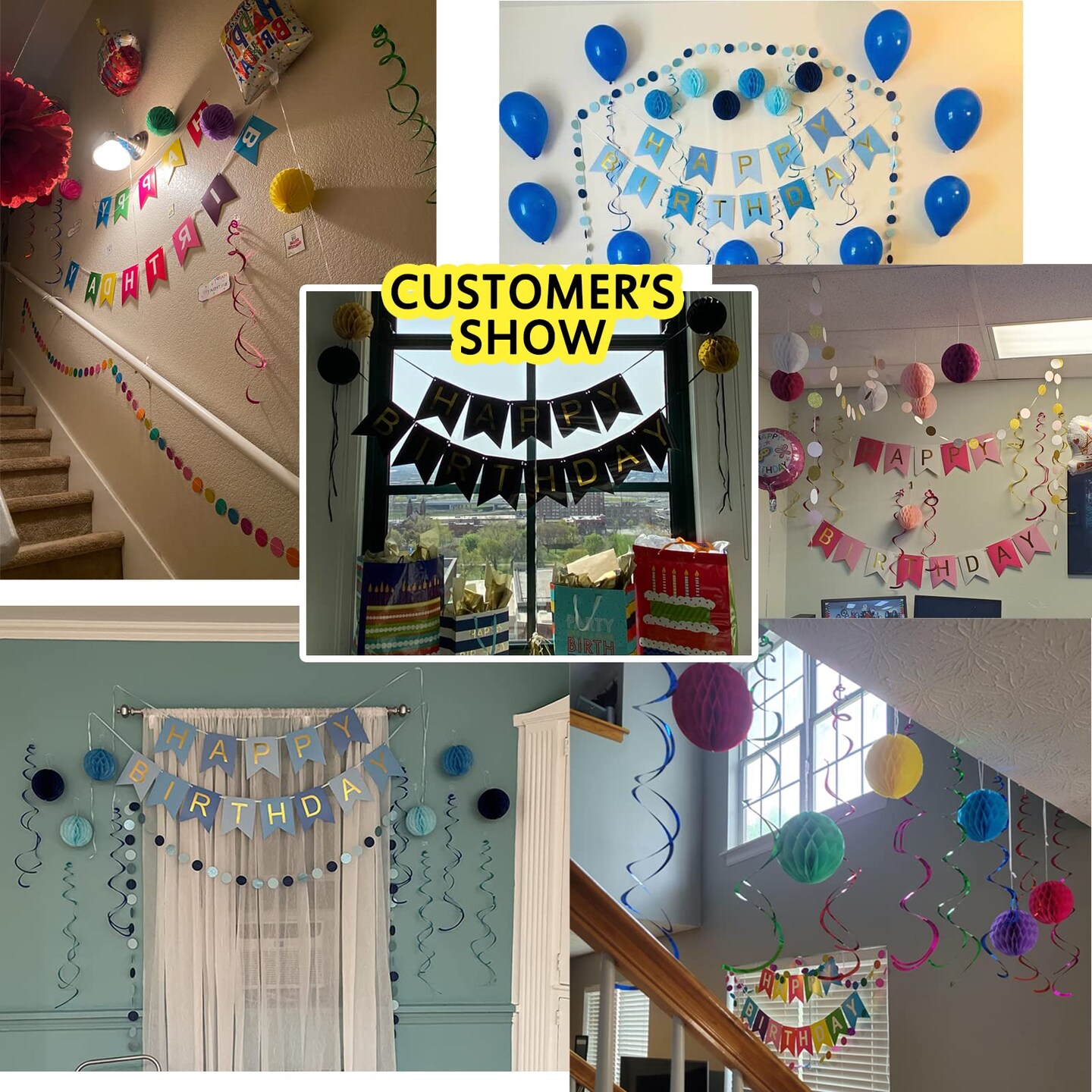 Happy Birthday Banner, Rainbow Birthday Banner, 6 Honeycomb Balls, 8 Metallic Hanging Swirls and Circle Parper Garland, Happy Birthday Decorations