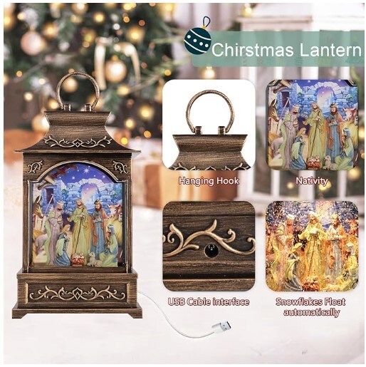 Nativity Snow Globe Glittering Water Lanterns with Music Box and USB Powered &#x26; Battery Operated Lighted Snow Globe