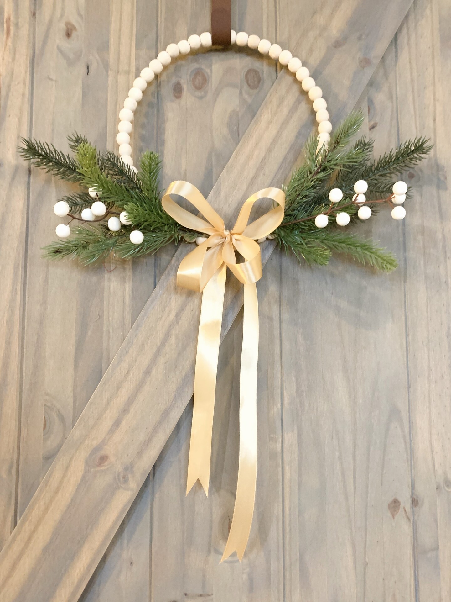 Small Wood Bead Christmas Wreath Winter Berries Holiday Hoop Pine