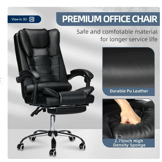Large and tall executive leather chair with adjustable backrest and wheels for an ergonomic computer desk Black Footrest with Lumbar Support for Home Office
