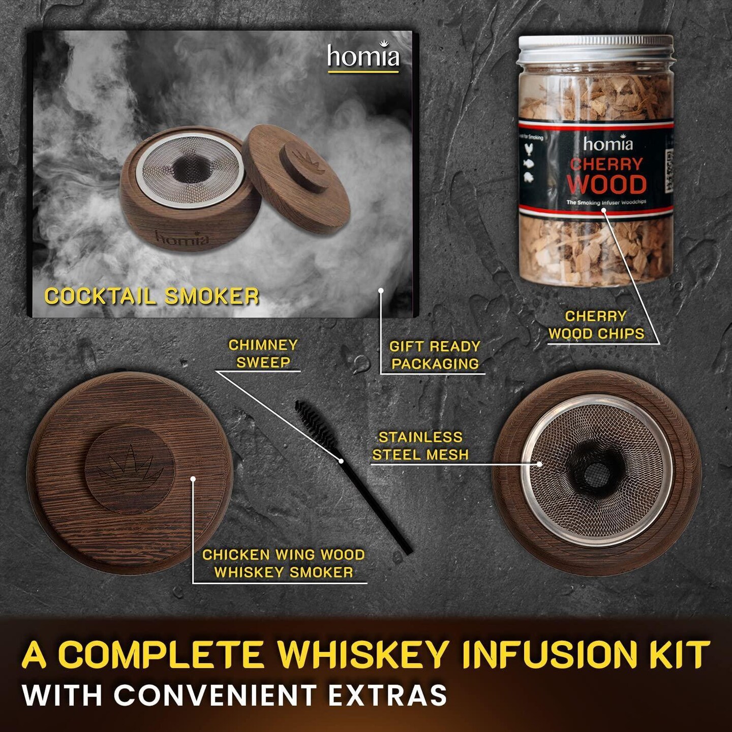 Cocktail Smoker Kit with Wood Chips  Premium Quality Wood  Wooden Bar Smoker for Cocktails  Old Fashioned Cocktails Whiskey or Bourbon Drinks