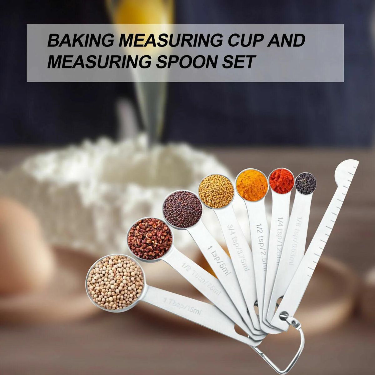Stainless Steel Measuring Spoons with Leveler and Ring 8 pcs
