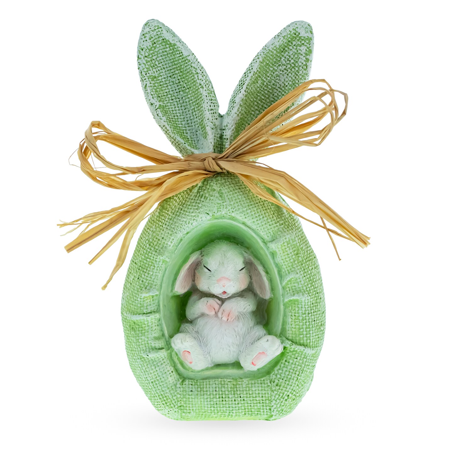 Rustic Bunny Nest Egg Decoration &#x2013; Green Burlap-Style Easter Ornament with Raffia Bow