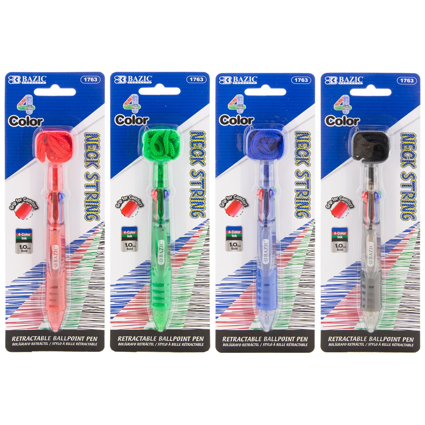 BAZIC 4-Color Neck Pen w/ Cushion Grip (1/Pack)