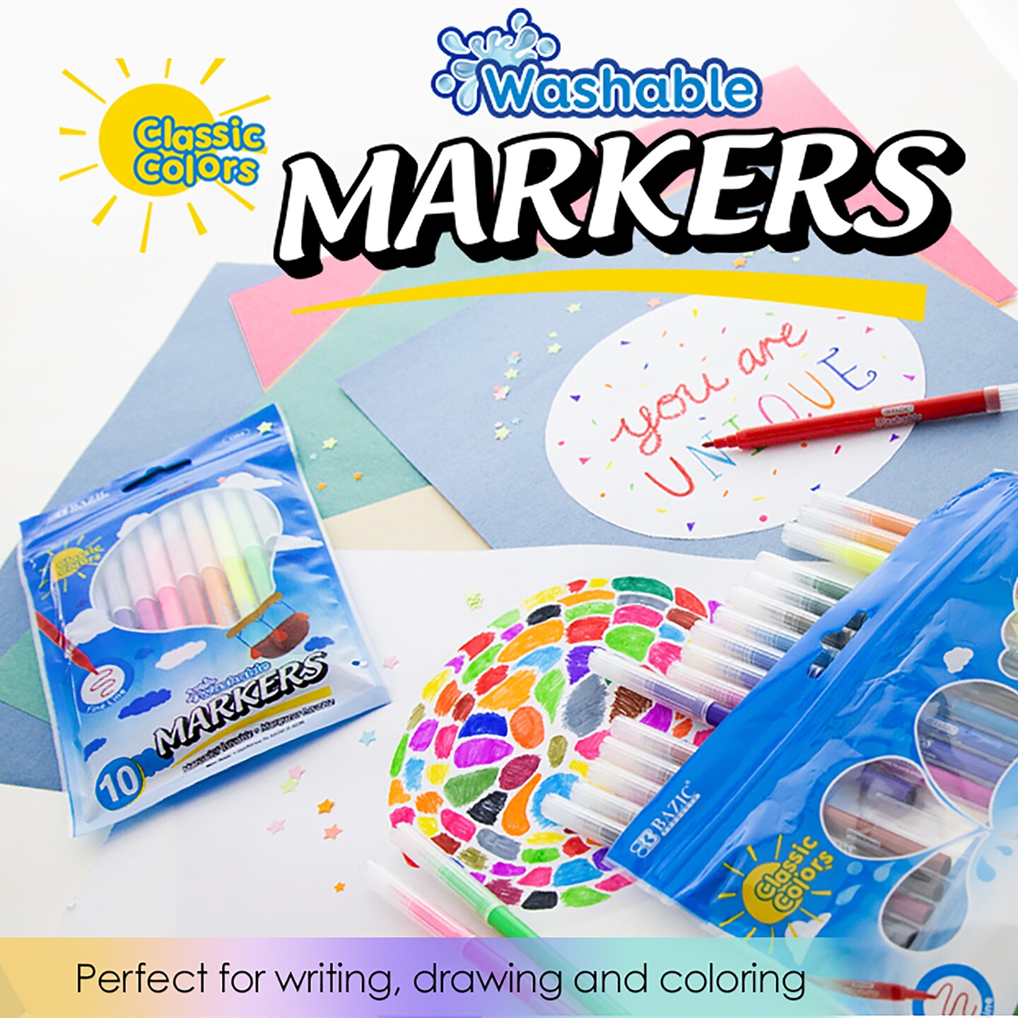 BAZIC Fine Line 10 Colors Washable Markers