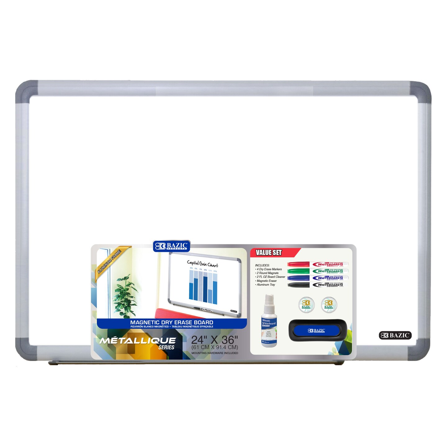 BAZIC METALLIQUE Aluminium Framed Magnetic Dry Erase Board 24&#x22; x 36&#x22;