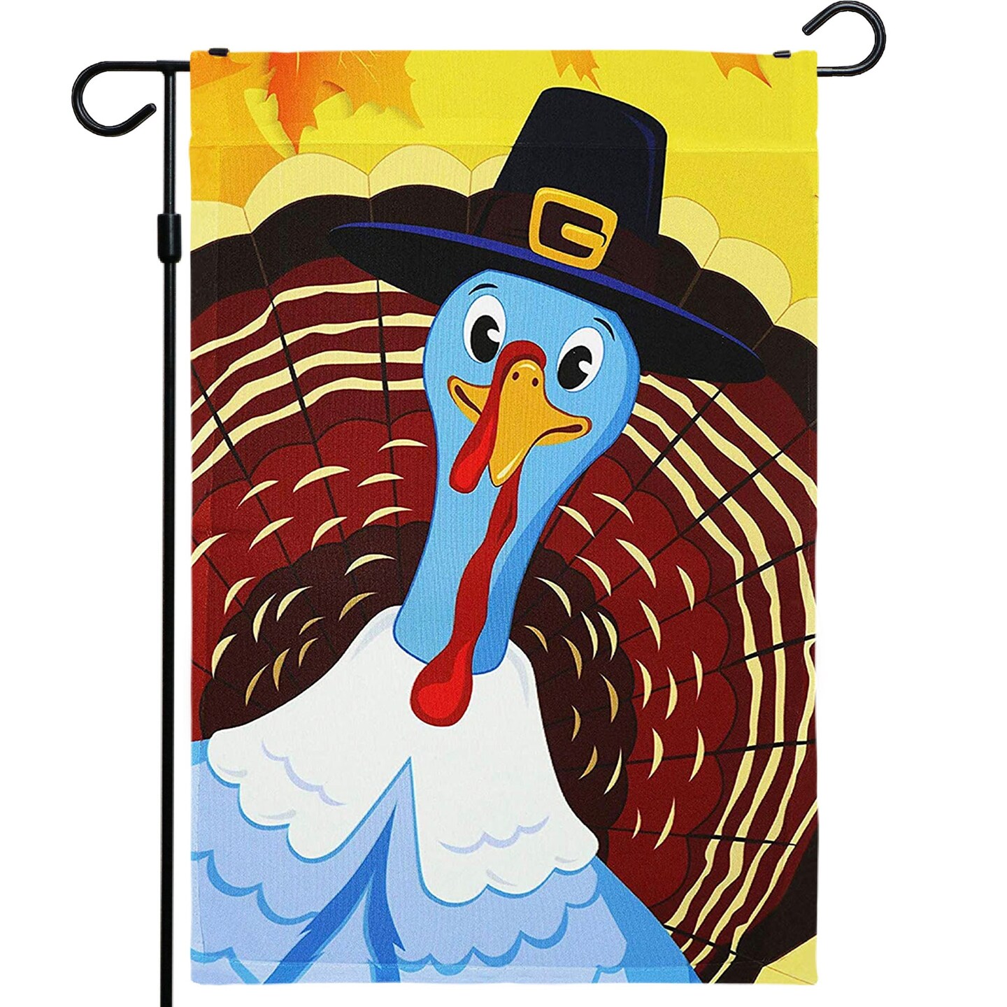 G128 - Home Decorative Thanksgiving Garden Flag, Joyful Pilgrim Turkey Decoration,  | 12x18 Inch | Printed 150D Polyester - Rustic Holiday Seasonal Outdoor Flag