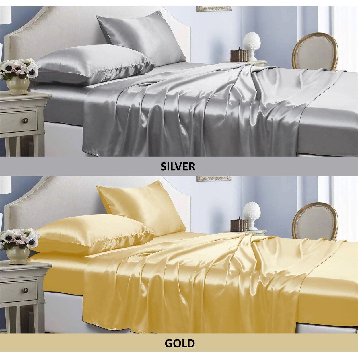 Bibb Home Satin 4 Piece Sheet Set 100% Polyester Deep Pocket