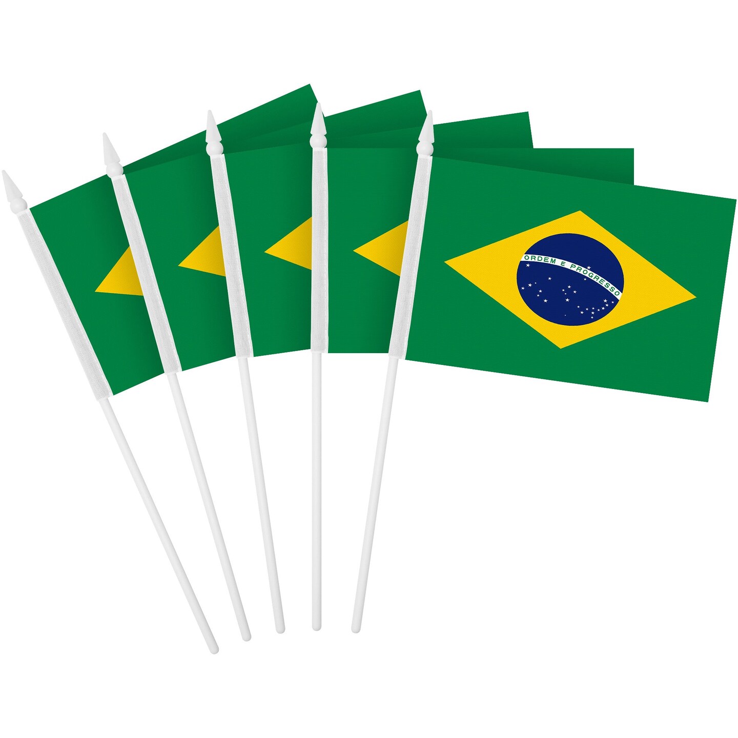 G128 24 Pack Handheld Brazil Brazilian Stick Flags | 4x6 In | Printed 150D Polyester, Country Flag, Solid Plastic Stick, Spear White Tip