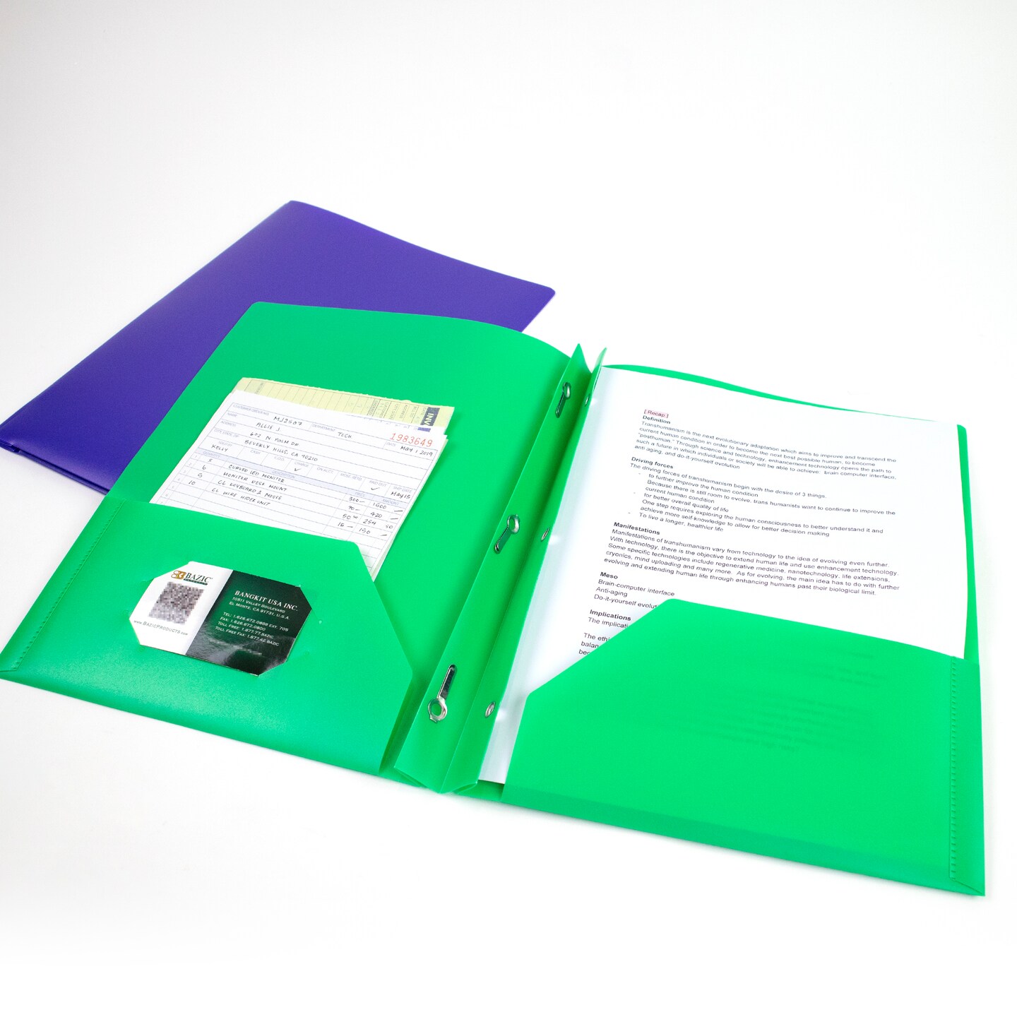 BAZIC Solid Color 2-Pockets Poly Portfolio - Solid Color w/ 3-Prong Fastener