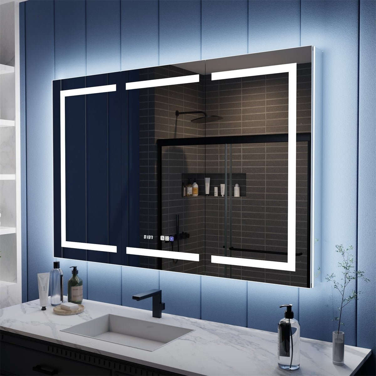 Allsumhome Illusion-B 54&#x22; x 36&#x22; LED Lighted Inset Mirrored Medicine Cabinet with Magnifiers Front and Back Light