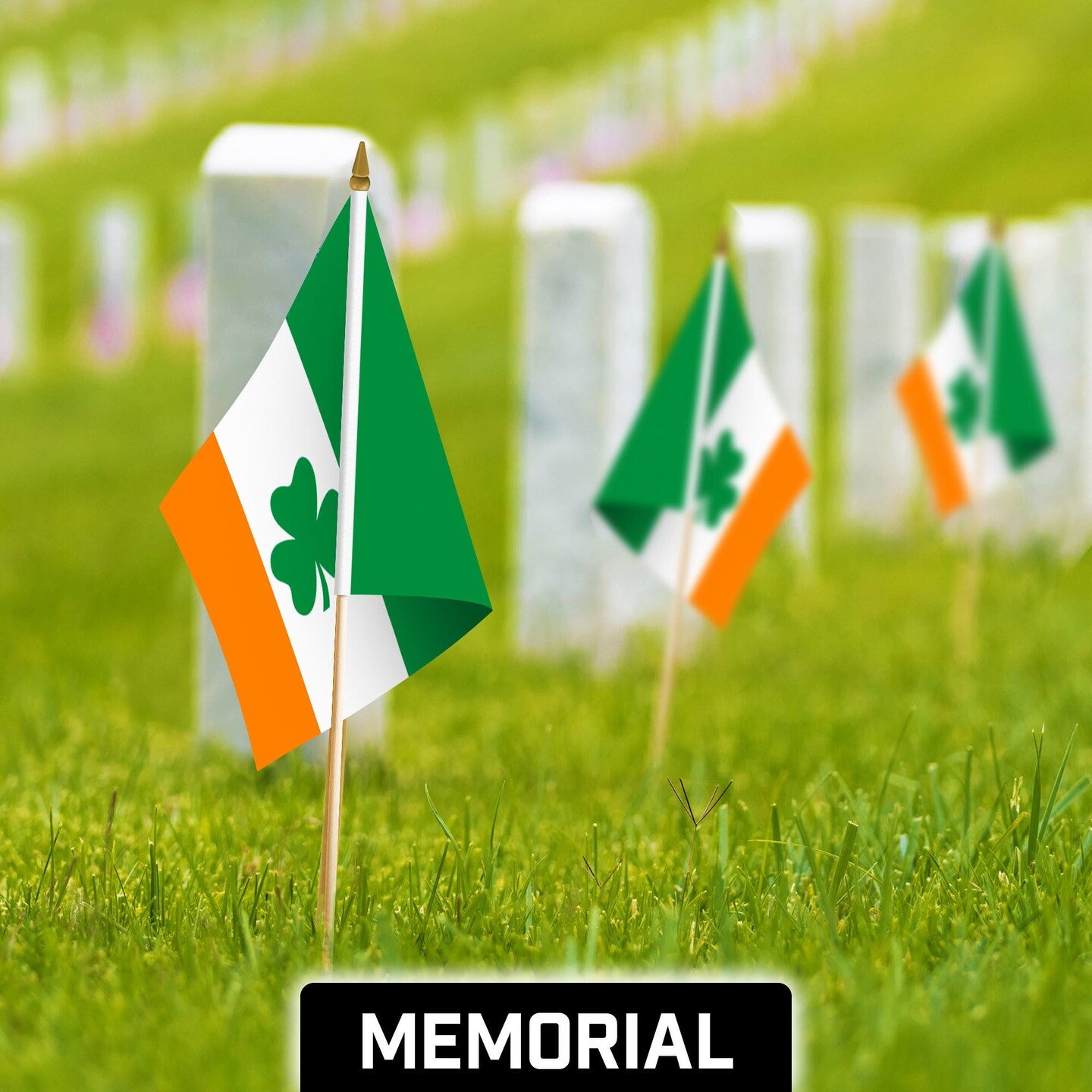 G128 50 Pack Handheld Ireland Shamrock Irish Stick Flags | 12x18 In | Printed 150D Polyester, Country Flag, Solid Wooden Stick, Spear Gold Tip