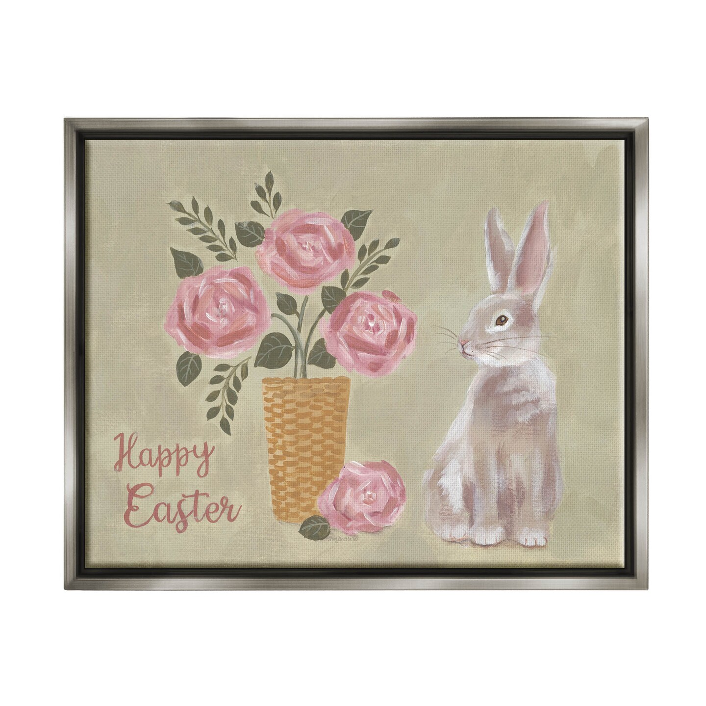Stupell Industries Happy Easter Bunny Rose Bouquet Black Framed Floater Canvas Wall Art