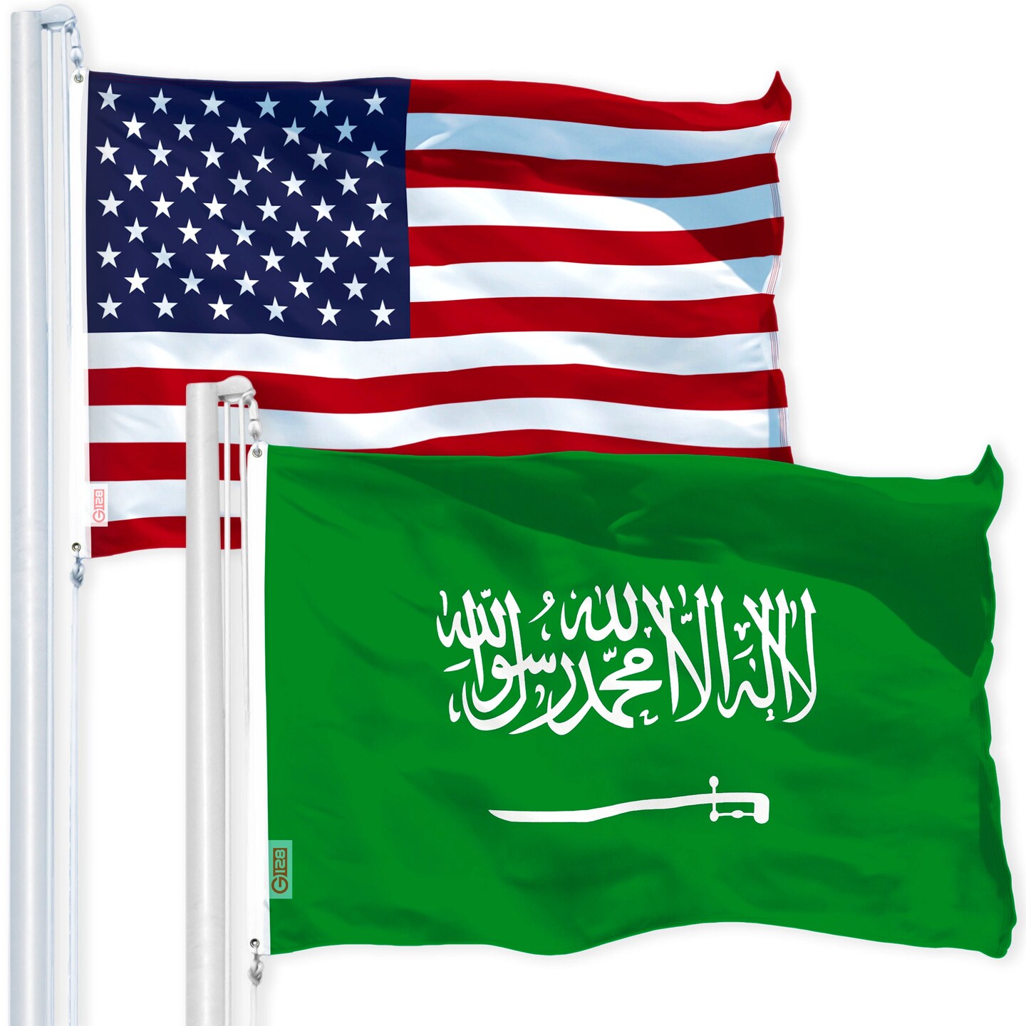 G128 Combo Pack: USA American Flag 3x5 Ft 150D Printed Stars &#x26; Saudi Arabia Flag 3x5 Ft 150D Printed