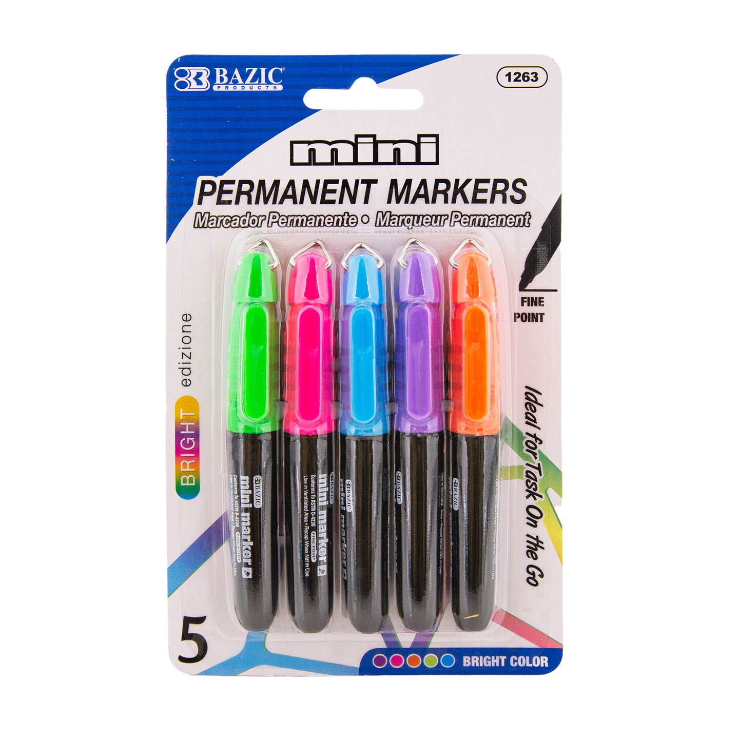 BAZIC Fine Tip Mini Fancy Colors Permanent Marker w/ Cap Clip (5/Pack)