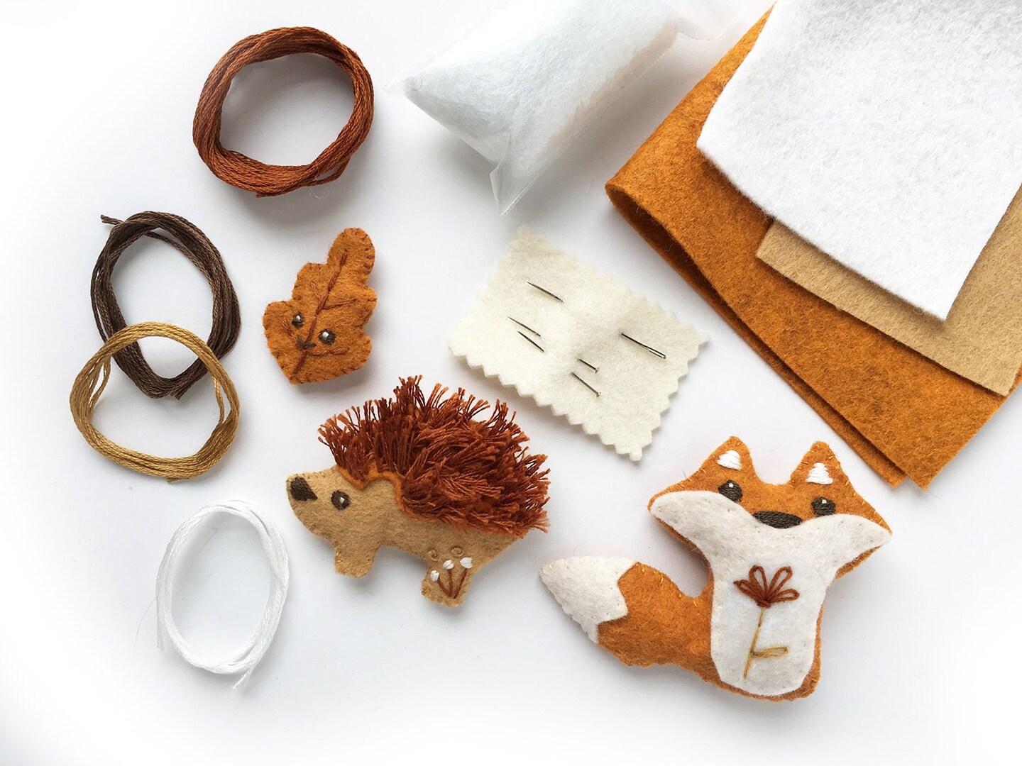 Fox, Hedgehog, Leaf DIY craft sewing kit for felt woodland animals