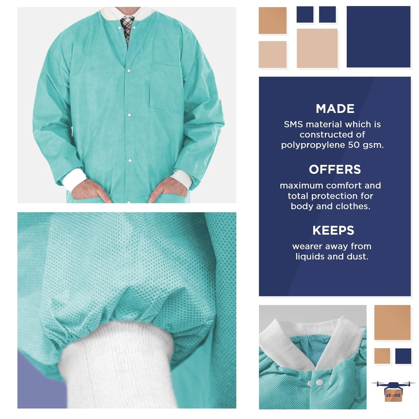 Disposable Lab Jackets Large Pack of 10 Teal Lab Jacket for Men and Women 29 Inches Long PPE Jacket 50 GSM SMS Disposable Jackets Dental with Snaps Front Knit Cuffs &#x26; Collar 3 Pockets