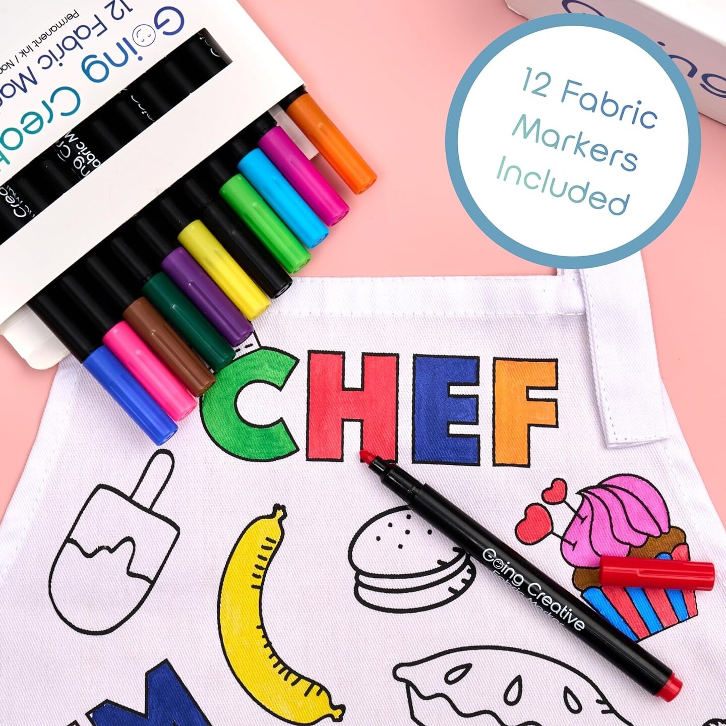 Color-An-Apron Kit - Interactive Coloring Kit with Favorite Foods &#x26; Words plus 12 Fabric Markers for Kids - Fun &#x26; Educational Craft for Young Chefs 4-10 Years Old