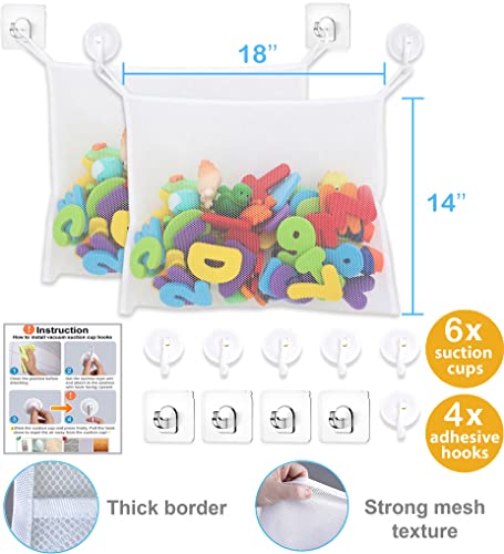 2 x Large Mesh Bath Toy Storage Organizer + 6 Wall Suction Cups, 4 Adhesive Hooks, Bathtub Toy Holder, Baby Bath Toys Net, Bathroom Shower Caddy Hammock, Bath Toy Basket and Bag for Kids & Toddlers