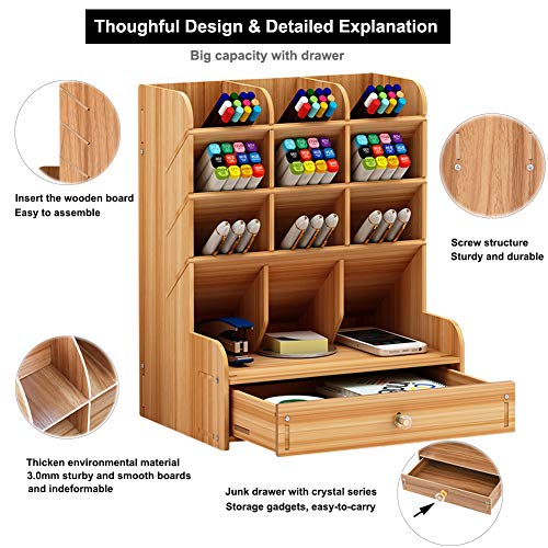 Wooden Desk Organizer, Multi-Functional DIY Pen Holder, Organizer for desk, Desktop Stationary, Easy Assembly, Home Office Art Supplies Storage with Drawer (B11-Cherry Color)