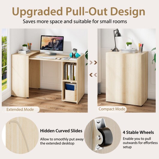 Extendable Computer Desk for Small Space with Mobile Shelves