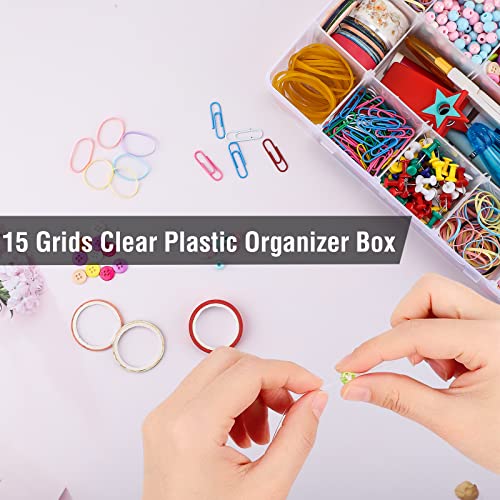 15 Large Grids Plastic Organizer Box with Dividers, Exptolii Clear Compartment Container Storage for Washi Tapes Beads Crafts Jewelry Fishing Tackles, Size 11 x 6.3 x 2.2 in