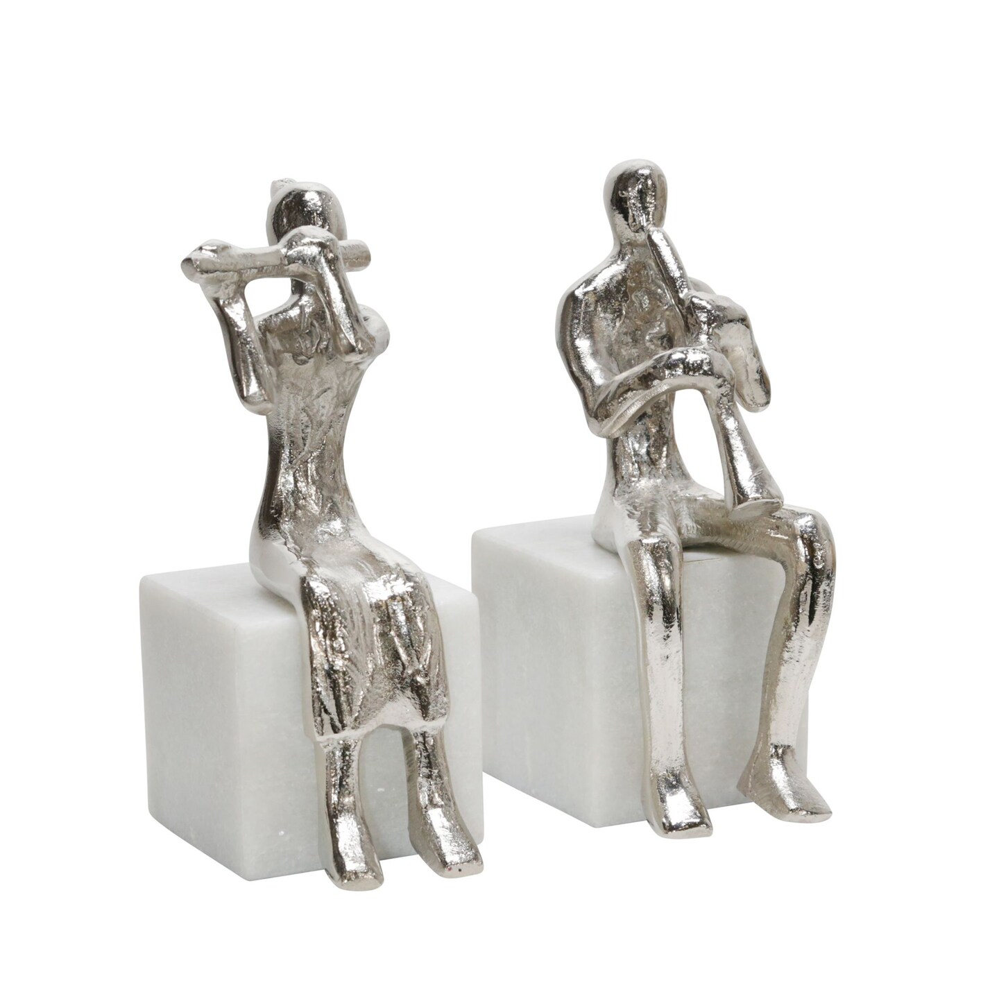 Kingston Living Set of 2 White and Silver Musicians On Marble Base Bookends 9&#x22;