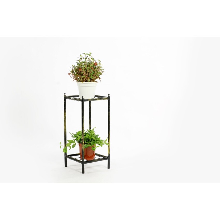 17" Gray Stone Slab 2 Tier Small Square Cast-Iron Plant Stand