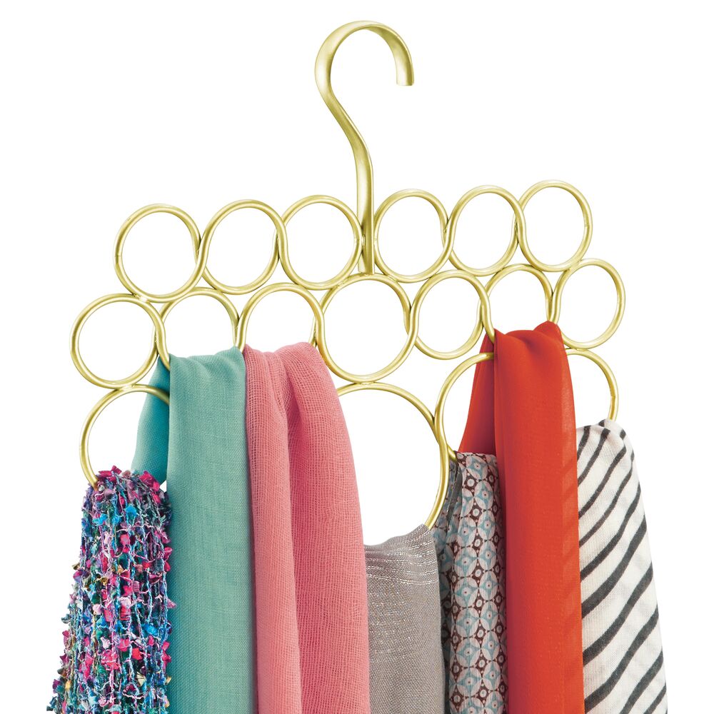mDesign Metal Vertical Hanging Scarf Holder Organizer, 18 Ring Loops, Gold/Brass