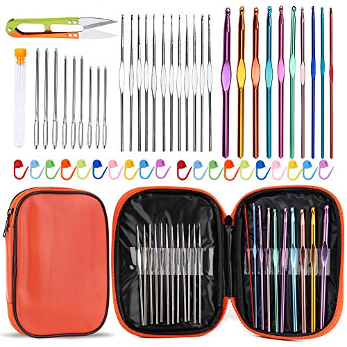 54 Pieces Crochet Needles Set, Crochet Hooks Kit with Storage Case, Ergonomic Knitting Needles Blunt Needles Stitch Marker DIY Hand Knitting Craft Art Tools for Beginners