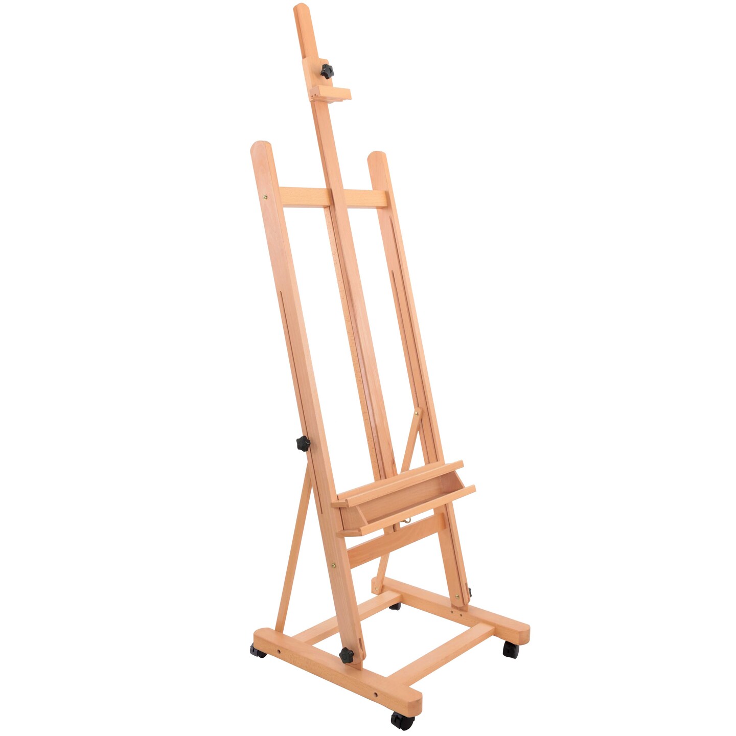 Medium Wooden H-Frame Studio Easel with Artist Storage Tray and Wheels - Mast Adjustable to 96&#x22; High, Holds Canvas to 48&#x22; Sturdy Beechwood Floor Stand