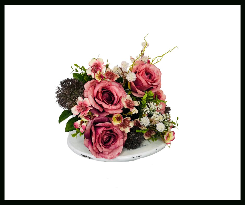 Enchanting Blooms: 17.75-Inch Artificial Rose/Spiraea/Fern Bush Bouquet in Pink, Lavender, and Cream-FB190253
