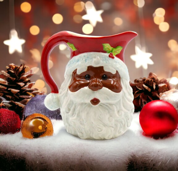 Ceramic African American Christmas Santa Claus Drink Pitcher, Home D&#xE9;cor, Gift for Her, Gift for Mom, Kitchen D&#xE9;cor, Christmas D&#xE9;cor