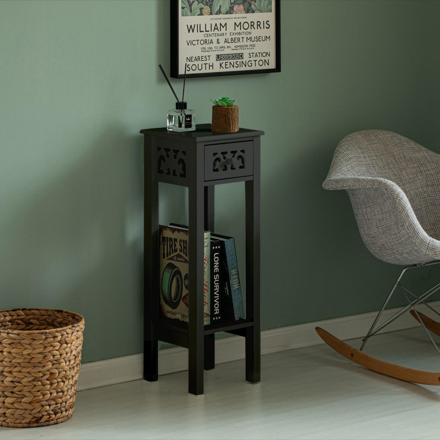 Acacia Wood Slim Bedside Table with Minimalist Design and Space-Saving Functionality, Wood Drawer and Open Shelf Side Table