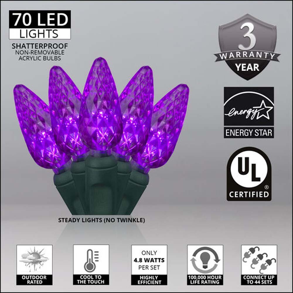70 Purple C6 LED Christmas Lights, Green Wire, 4&#x22; Spacing