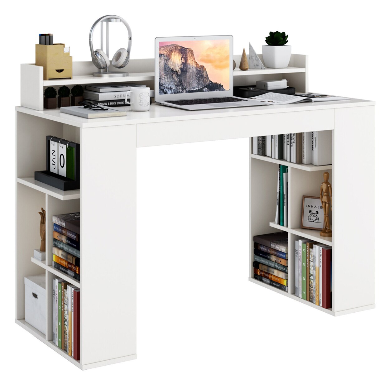 48 Computer Desk Study Writing Workstation W/ Bookshelf And Monitor Stand Riser
