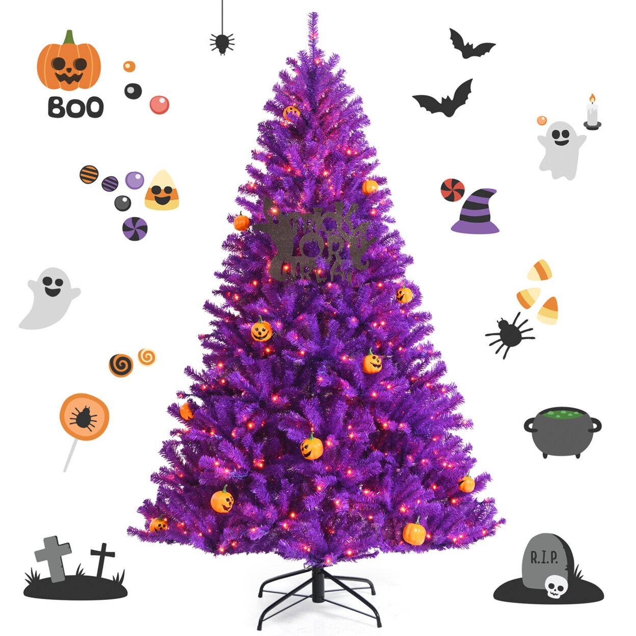 Gymax 5/6/7 FT Pre-lit Purple Artificial Christmas Halloween Tree w/ Mini Pumpkins