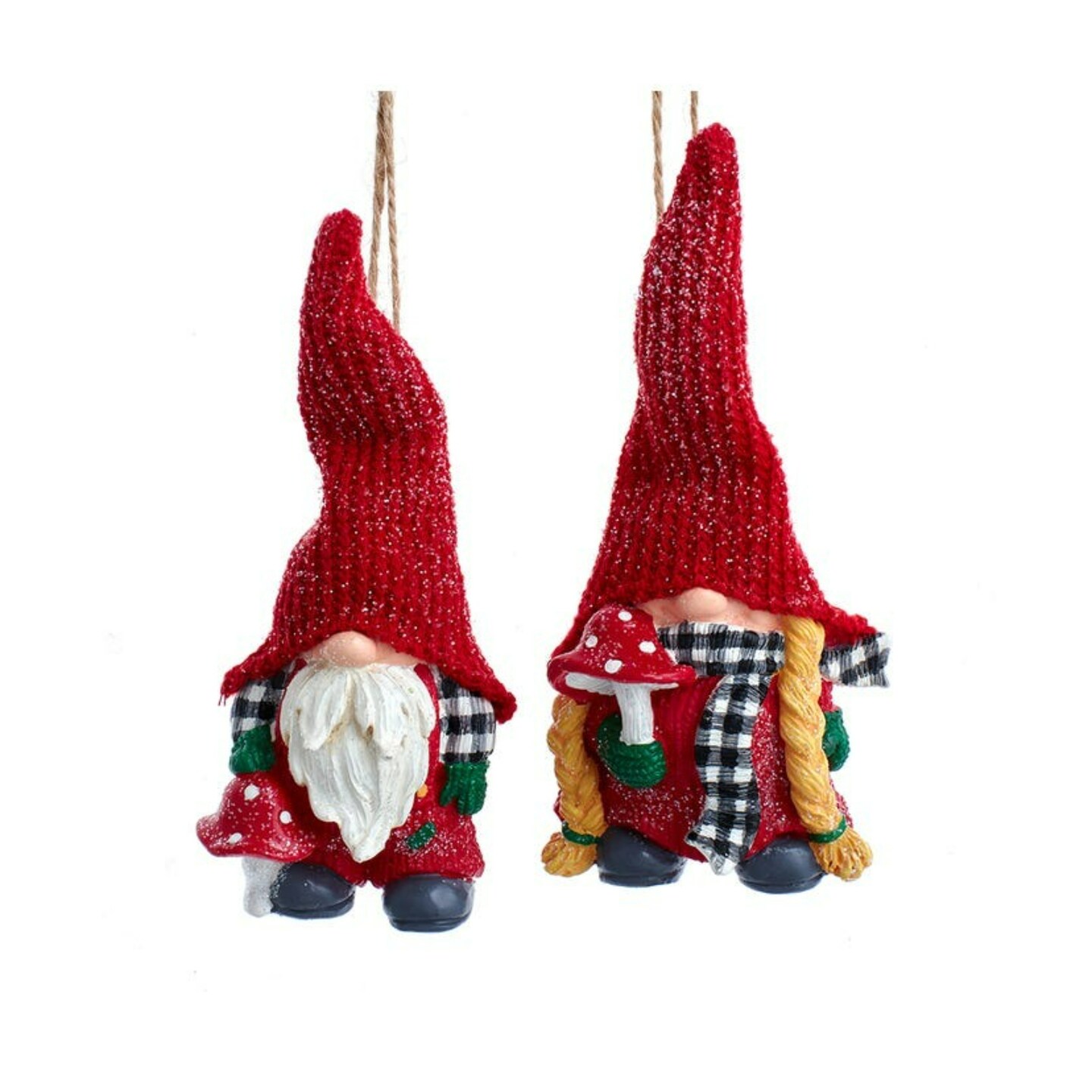 KSA Club Pack of 12 Boy and Girl Gnome with Gingham Scarf Christmas Ornaments 5&#x22;