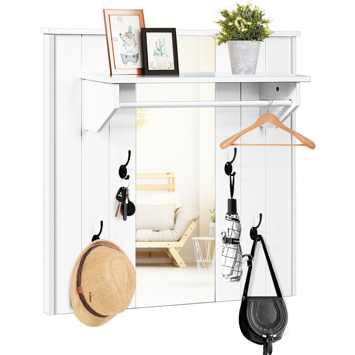 Gymax Wall Mounted Mirror Coat Hat Rack Storage Shelf w/4 Hooks and Hanging Bar Entryway
