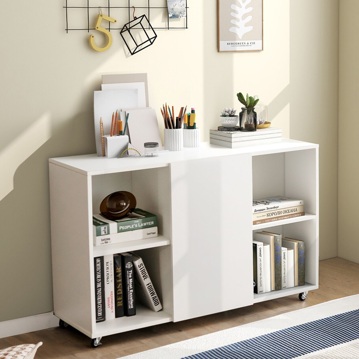 3-Tier Wood Bookcase 6 Cube Bookshelf W/ Door Wheels Display Cabinet