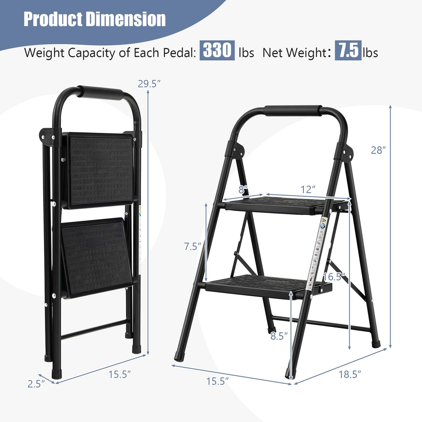 Costway 2 Step Ladder Folding Step Stool 330lbs Capacity with Anti-Slip Pedal &#x26; Handle