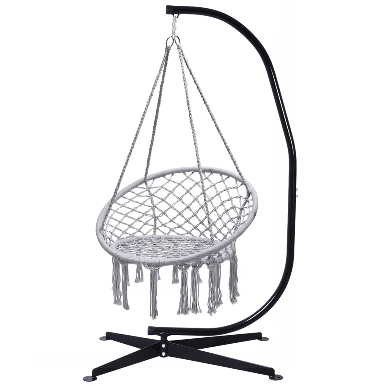 Hammock Chair Hanging Cotton Rope Macrame Swing Chair W/ Stand Gray