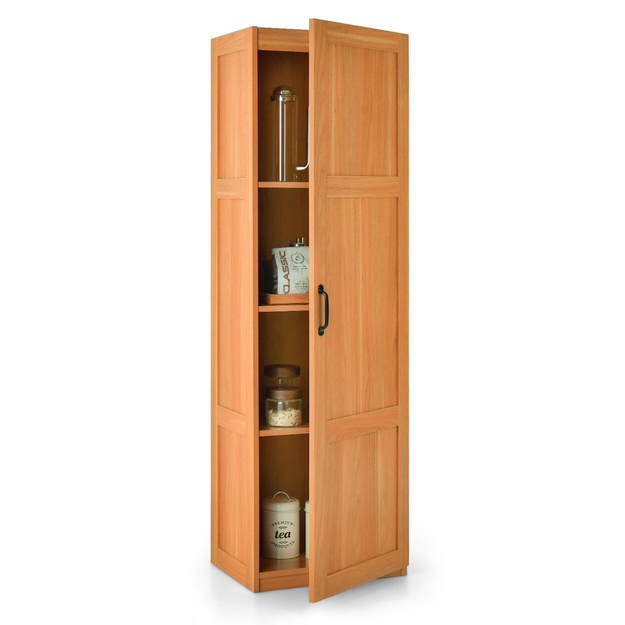 Gymax Tall Storage Cabinet Farmhouse Freestanding Floor Cabinet w/ 4 Storage Shelves