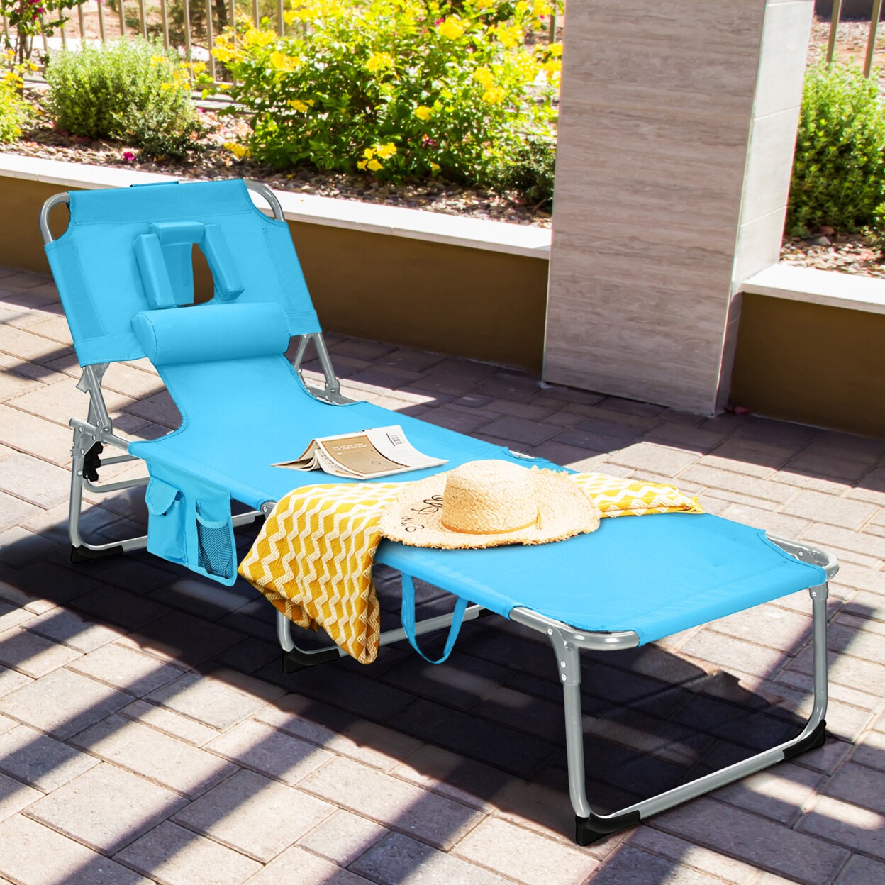 Gymax Portable Beach Chaise Lounge Chair Folding Reclining Chair w/ Facing Hole