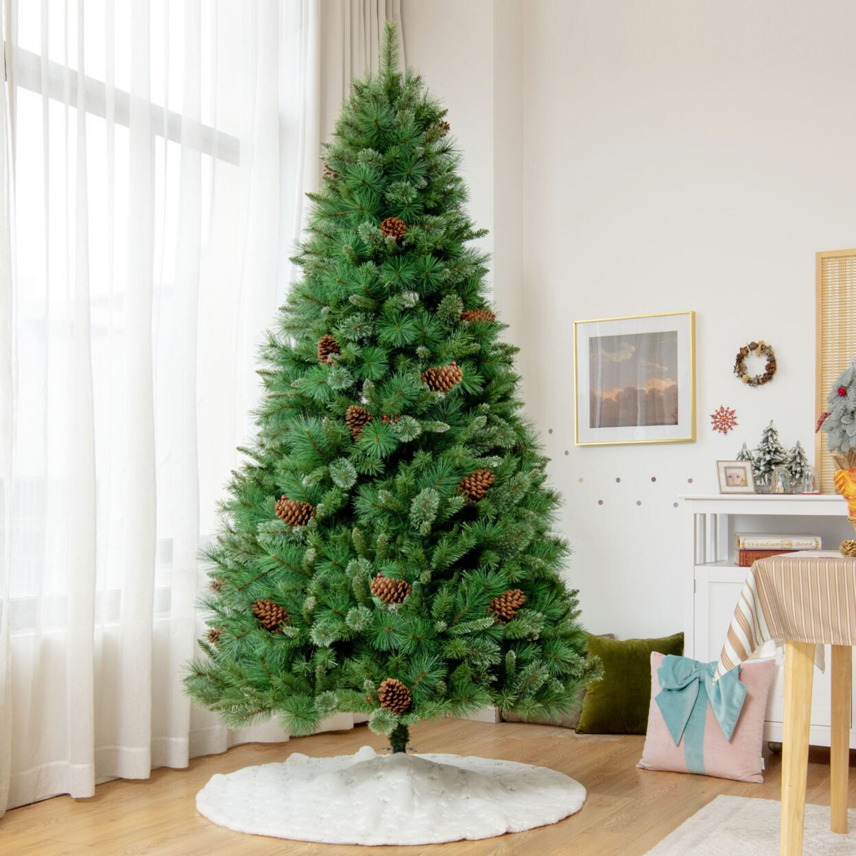 Gymax 6/7/8 Ft Artificial Christmas Tree Unlit Hinged Pine Xmas Tree w/ Pine Cones