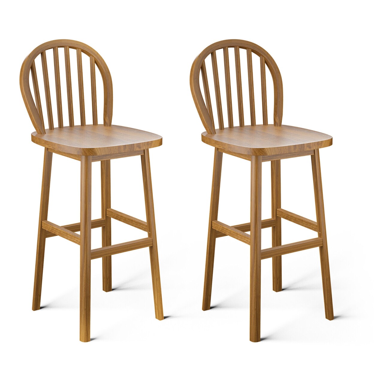 Gymax Set of 2 Bar Stools Spindle-Back Bar Height Rubber Wood Kitchen Chairs Natural