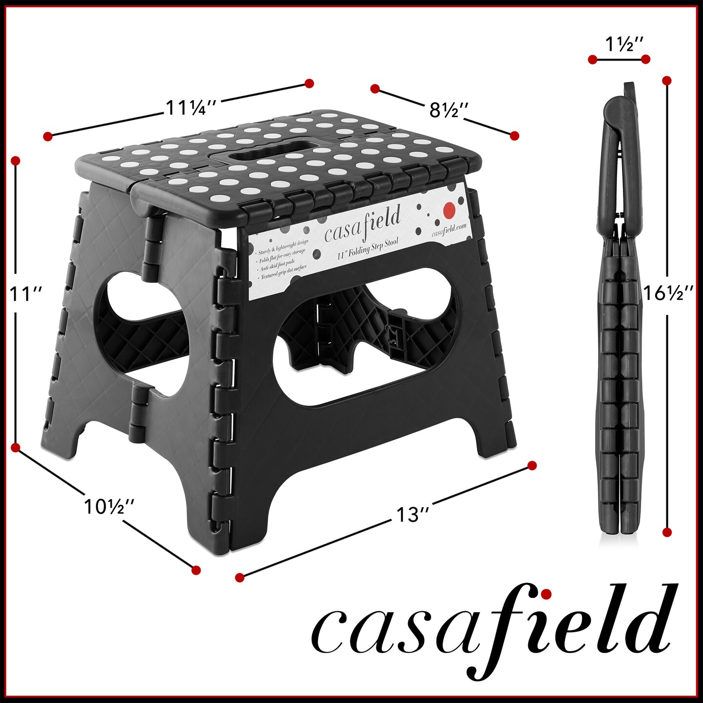 Casafield 11&#x22; Folding Step Stool with Handle, Black - Portable Collapsible Small Plastic Foot Stool for Kids and Adults - Use in the Kitchen, Bathroom and Bedroom