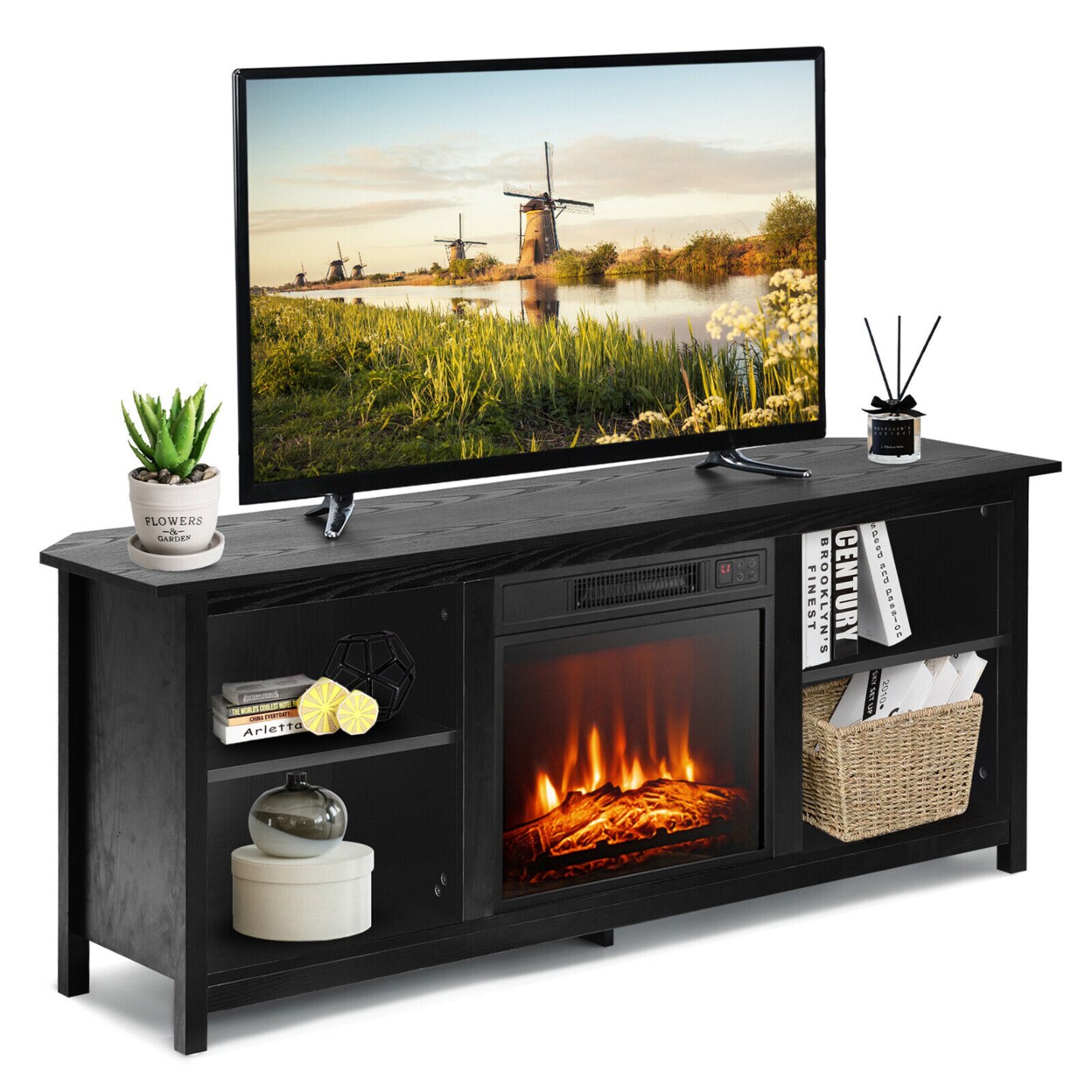 Gymax 58&#x27;&#x27; 2-Tier Fireplace TV Stand W/18&#x27;&#x27; Electric Fireplace up to 65&#x27;&#x27; Black