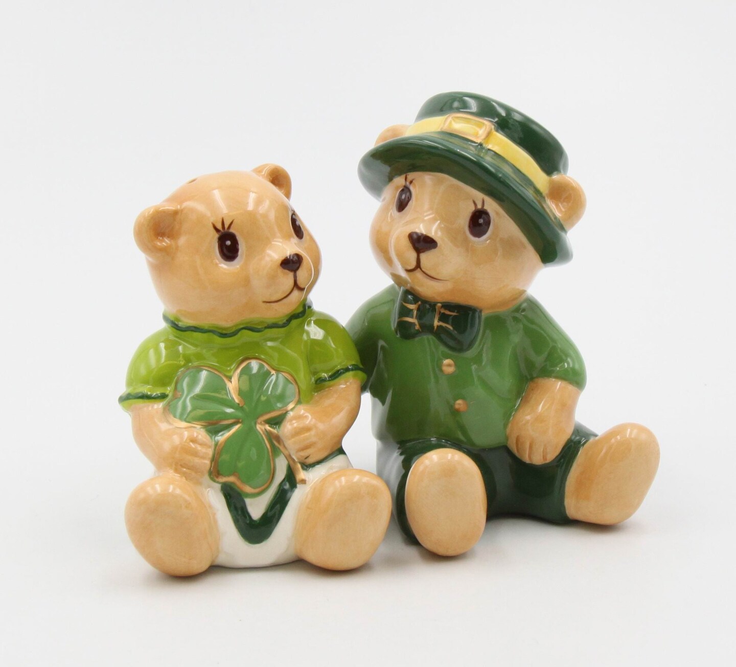Ceramic Irish Teddy Bear Couple with Shamrock Salt and Pepper, Gift for Her, Gift for Mom, Kitchen D&#xE9;cor, Irish Saint Patrick&#x2019;s Day D&#xE9;cor